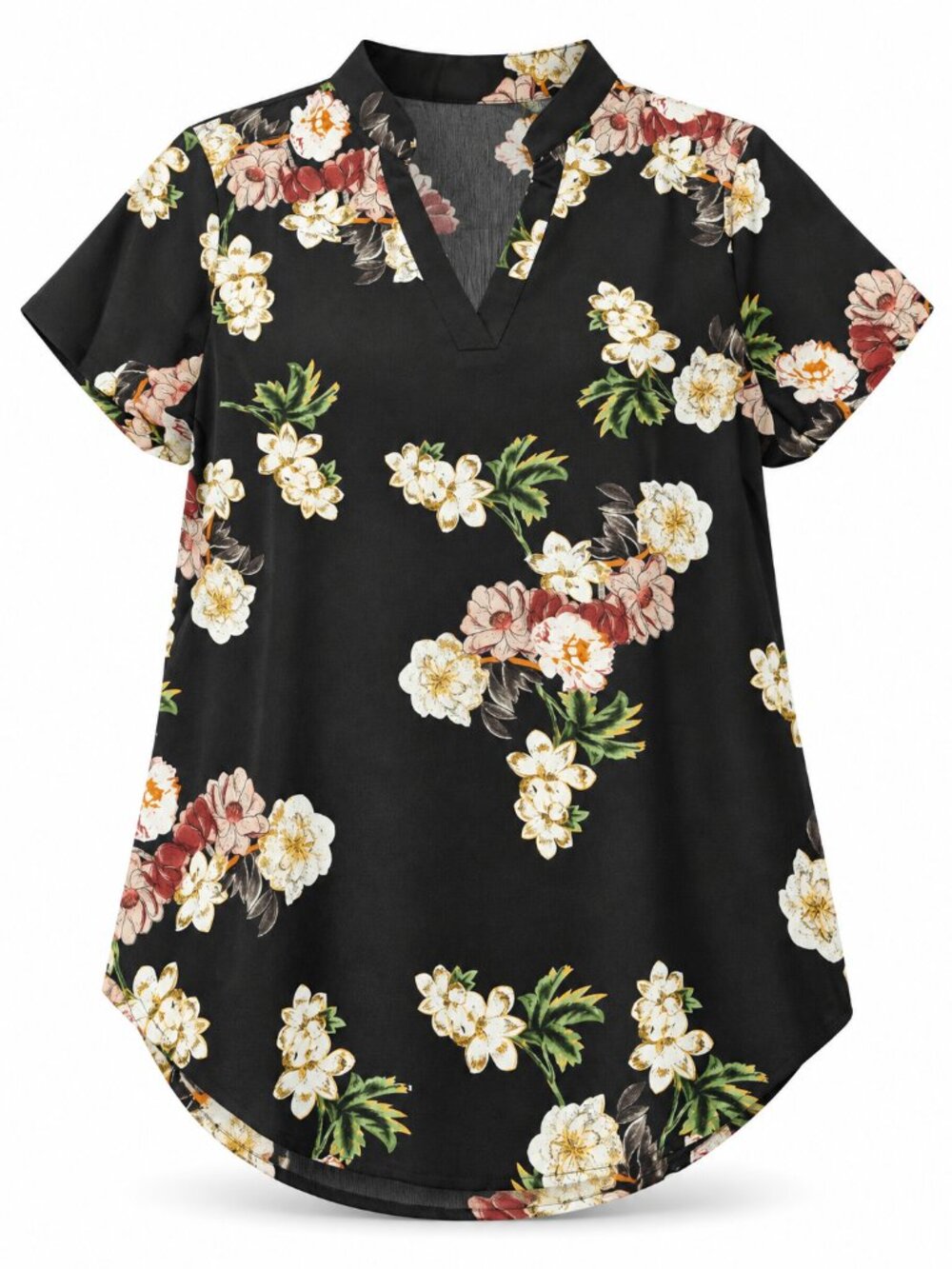 Amaryllis Black Floral V-Neck Tunic Blouse XS